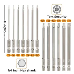 13Pcs Torx Bit Set 100mm Tamper Resistant Star Bit Set Magnetic Impact Rated Security Torx Screwdriver Bit Set