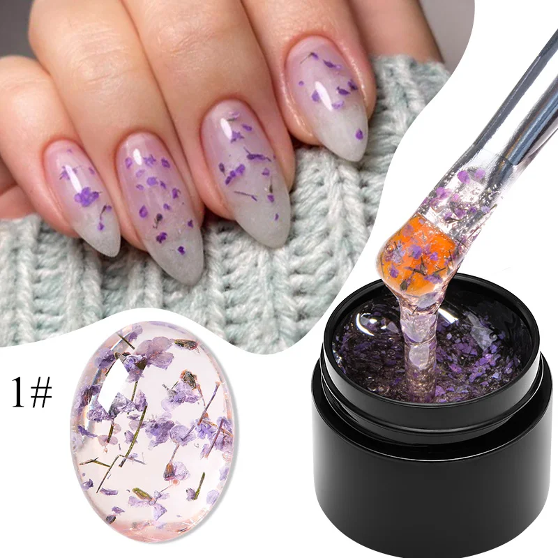 MEET ACROSS Dried Flower Gel Nail Polish Purple Nude Natural Flower Fairy Gel Soak Off UV Nail Art Painting Varnish For Manicure