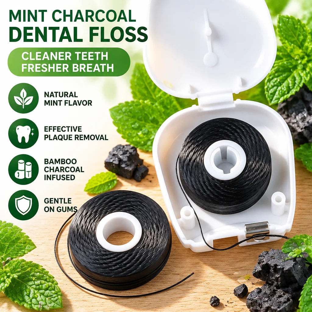 5-Color Floss Holder with 50m Charcoal Mint Dental Floss Refill, Reusable Dental Floss Dispenser, Portable Oral Care Tool