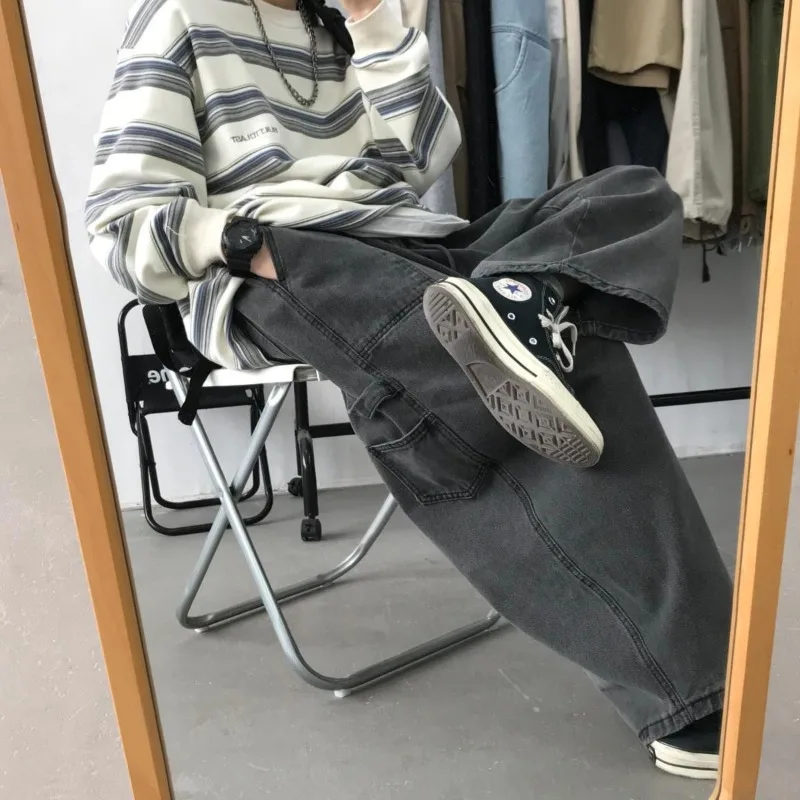 سراويل رجالية عالية الخصر ، سراويل مرنة ، أحادية اللون ، جيوب فضفاضة ، ملابس غير رسمية ، نمط Preppy ، الربيع والخريف