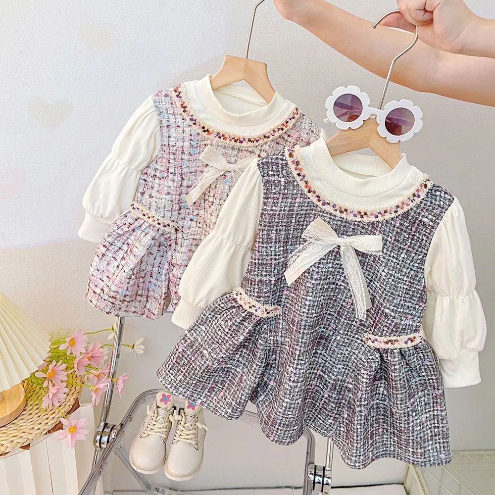 

Платье для маленьких девочек, весенне-осеннее платье с длинными рукавами и галстуком-бабочкой, клетчатые платья с объемными рукавами и рюшами для девочек, милая повседневная пушистая одежда для малышей