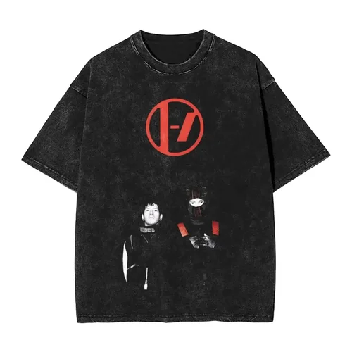 Imagen 2 del producto Camiseta con estampado estampado en caliente lavada, Twenty One Pilots, mujeres, hombres, Unisex, Harajuku, Camiseta de algodón de gran tamaño, camisetas de manga corta