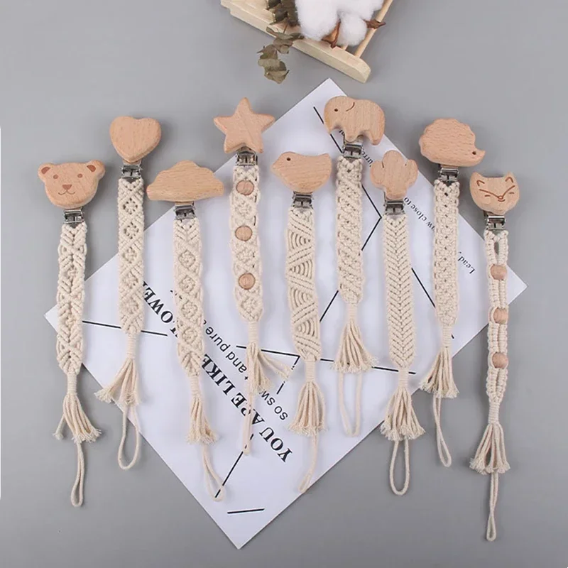 Safety Baby Infant Toddler Dummy Pacifier Soother Nipple Chain Holder Strap Handmade Braided Cotton Rope Wooden Pacifier Clips