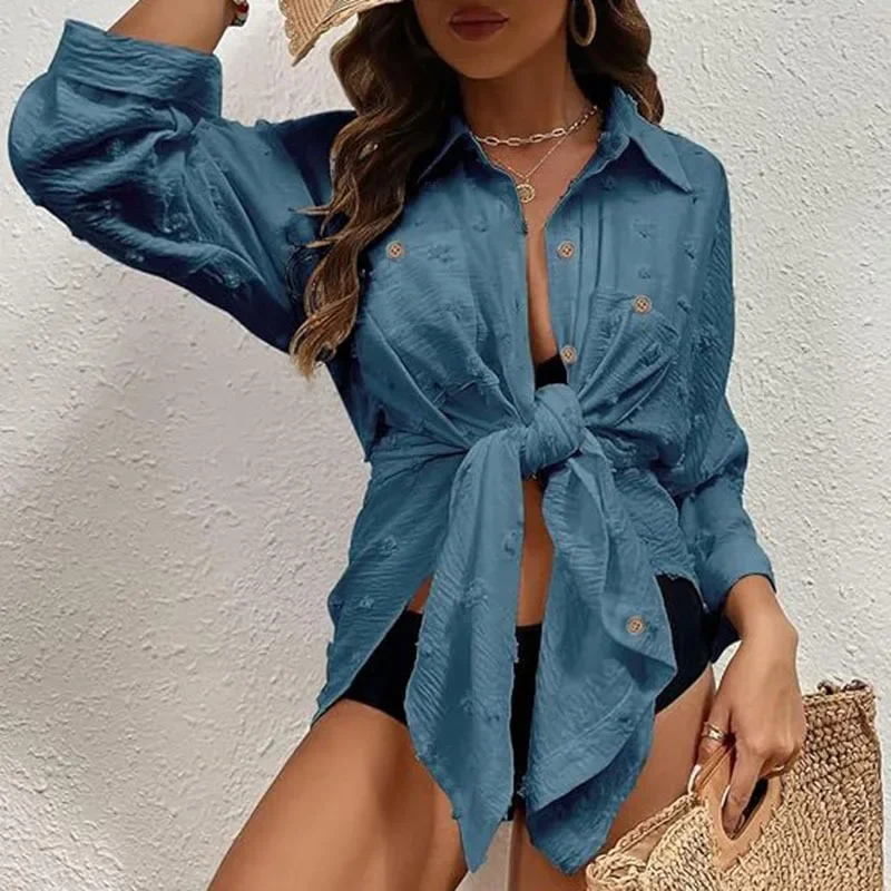 여성용 수영복 커버업 솔리드 자카드 싱글 브레스티드 턴다운 칼라 비키니 커버업 2025 신상 휴가 여성 비치 드레스