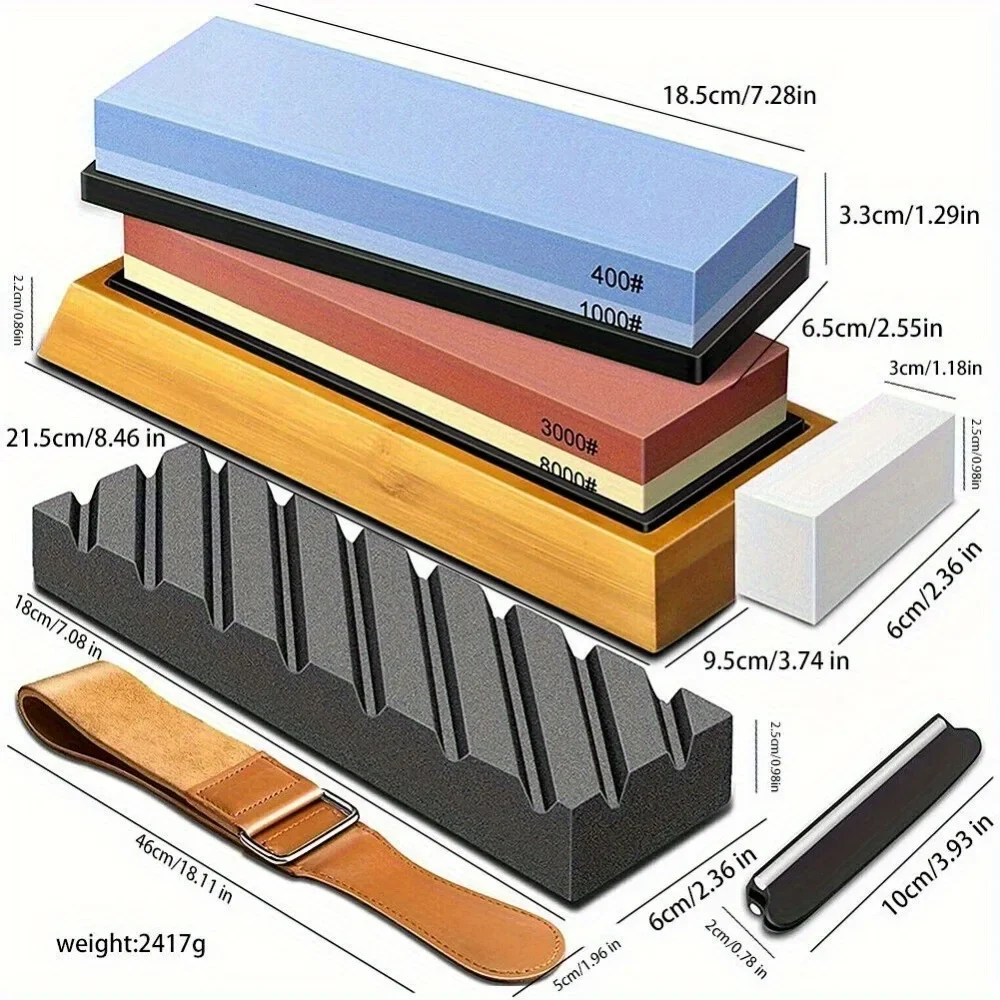 Professional Knife Sharpening Stone Set, 400/1000/3000/8000 Grit Whetstones with Bamboo Base, Angle Guide & Leather Strop