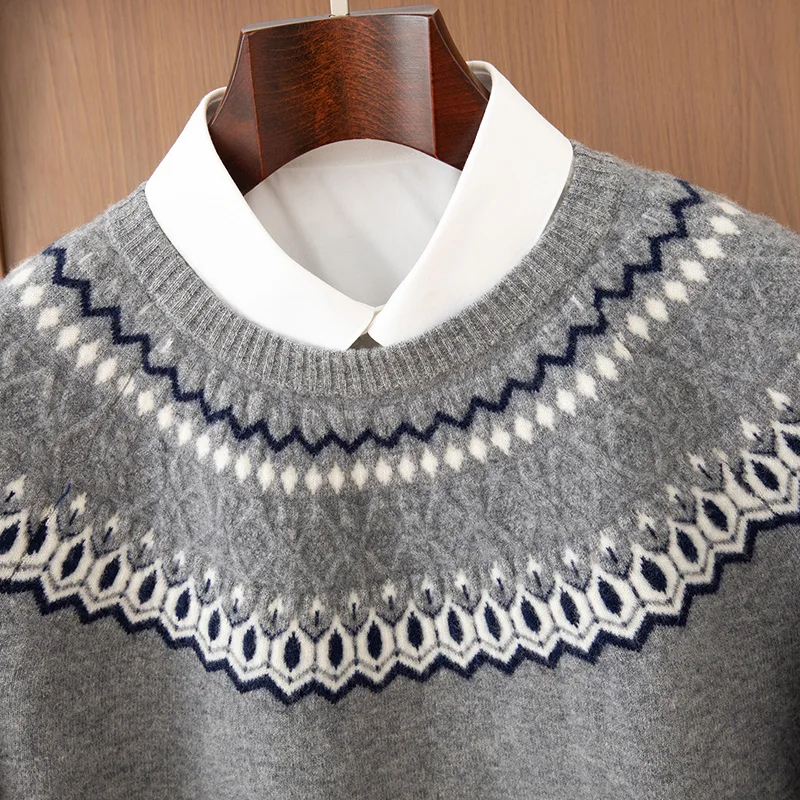 Autumn Winter 100% Pure Wool Men's Round Neck Thick Jacquard Pullover Sweater Loose Casual Knitting Bottoming Cashmere Sweater