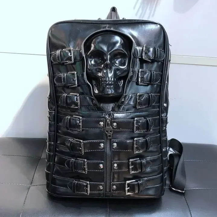 2025 New Men Skeleton Backpacks Vintage High Quality Pu Leather Male Student Backpack Boy Punk Laptop School Computer Bag