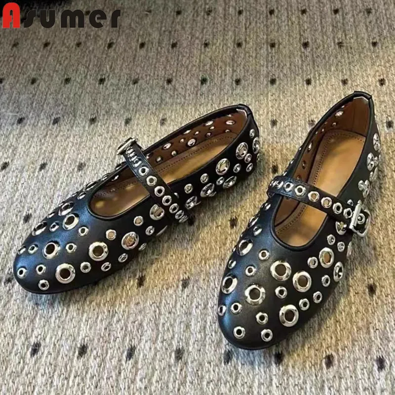 ASUMER 2024 New Cut Outs Faux Leather Women Flats Mary Janes Boat Shoes Fashion Ladies Hollow Ladies Flat Party Shoes