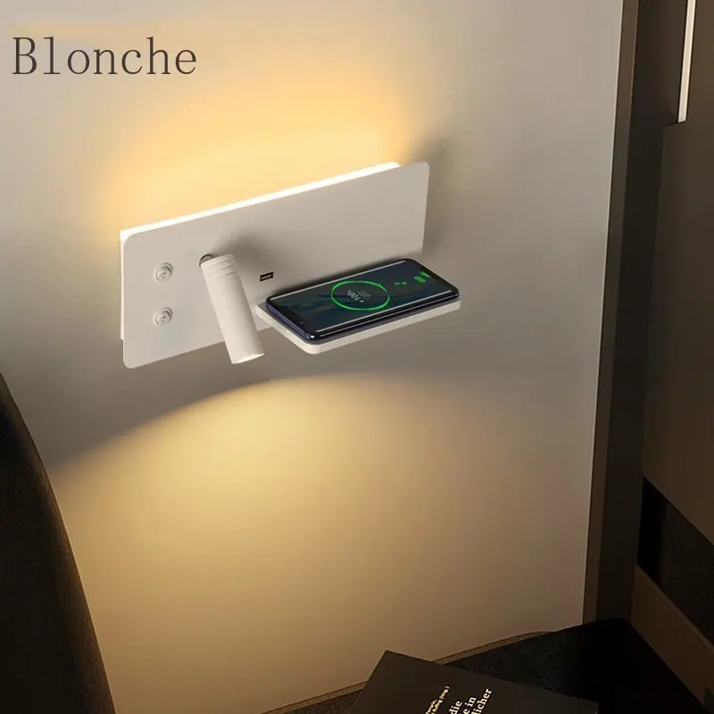 LED Wall Light Interior Reading Wall Lamp Mobile Phone Wireless Charging and USB Charging Wall Lights Bedroom Bedside Lamps