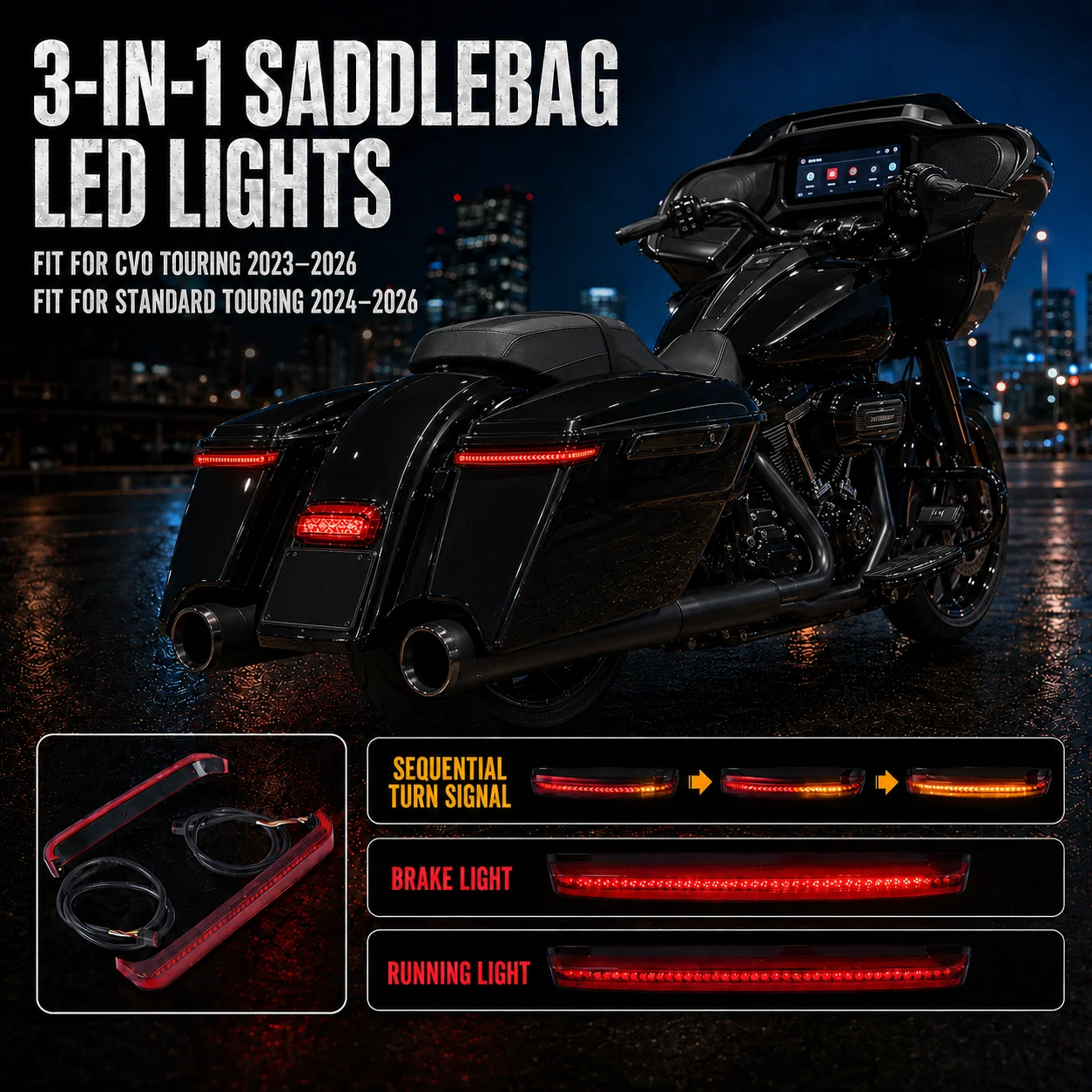 Sequential Turn Signal Brake LED Light Fit for Harley Tour Street Glide Road Glide 2024-2026 CVO 2023-2026 Saddlebags Tail Trim
