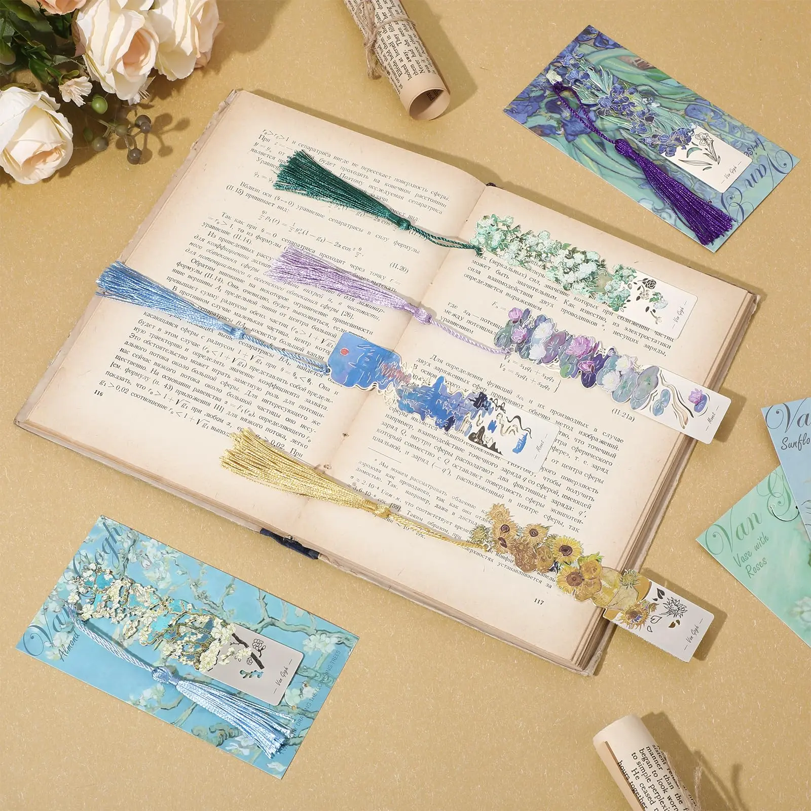 1 قطعة الإشارات المرجعية المعدنية مع شرابات، موضوع اللوحة الزيتية الذهبي الجوف المرجعية لمحبي الكتاب هدية