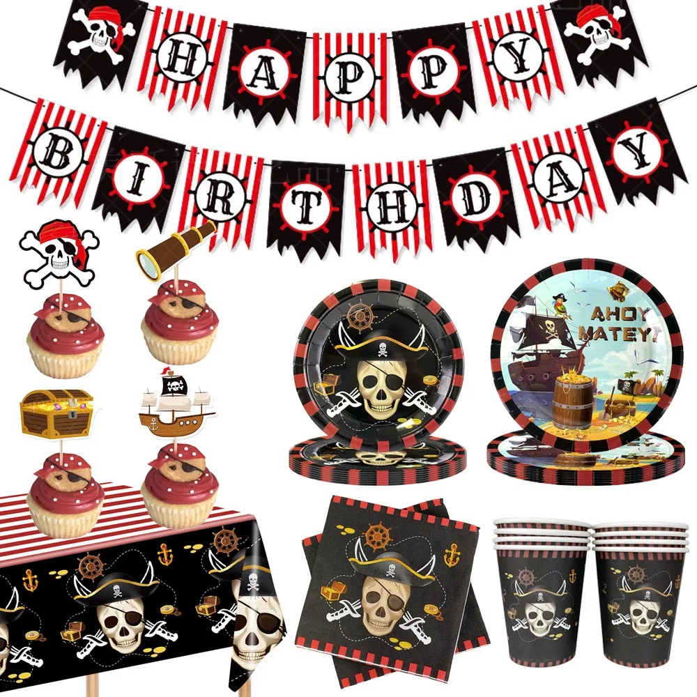 Pirate Party Supplies Disposable Tableware Pirate Plates Tablecloth Napkins Cups Treasure Map Theme Birthday Party Decoration