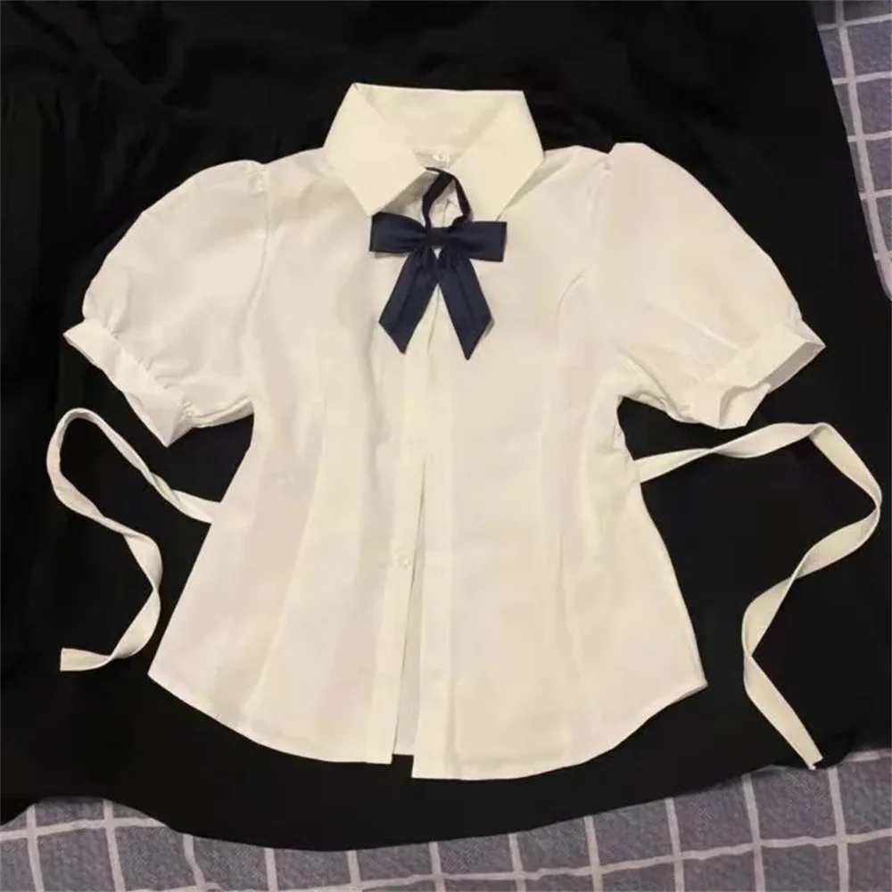 Blusa de manga corta con lazo para mujer, Camisa ajustada de estilo Preppy, moda coreana, primavera y verano, 2023