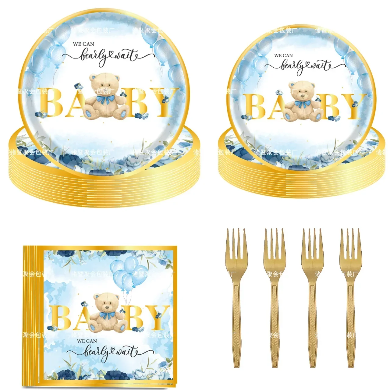 

8Guests Blue Ballon Bear Disposable Tableware We Can Bearly Wait Baby Bear Paper Plates Babyshower Boy Girl Baby Shower Favor