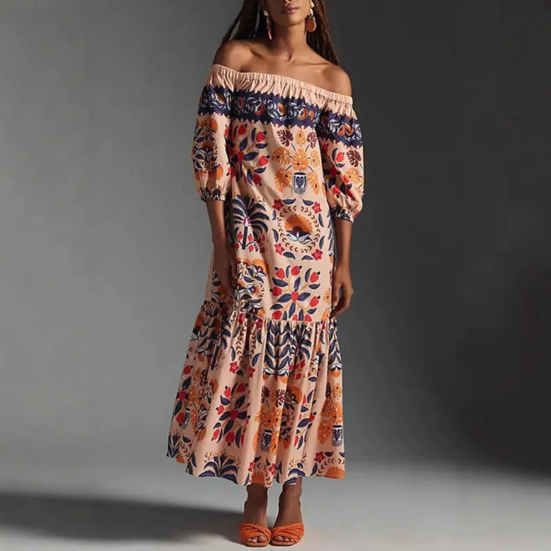 

2025 Summer New Retro Floral-Print off-Shoulder Loose Pockets Dress Women V001