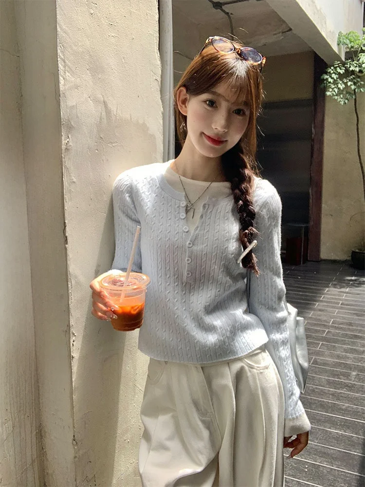 

Синий вязаный свитер-двойка с эффектом обтягивания, женский, приталенный, для ношения под одеждой, в корейском стиле, повседневный, однотонный, с круглым вырезом