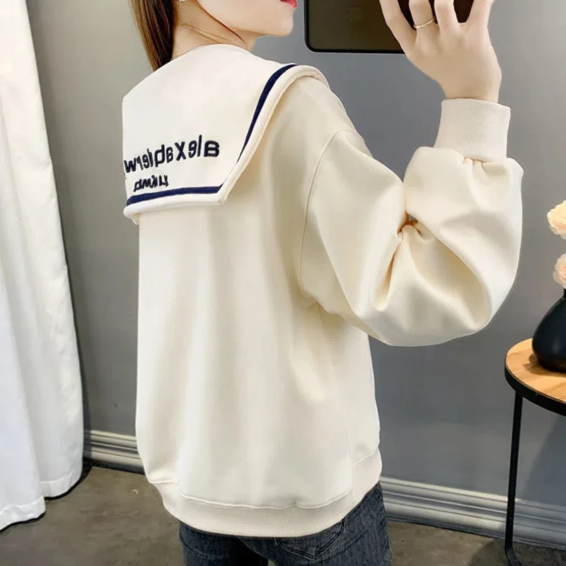 Spring Autumn Women\'s Clothing Pullover Lantern Long Sleeve Letter Embroidered Casual Hoodies Peter Pan Collar All-match Tops