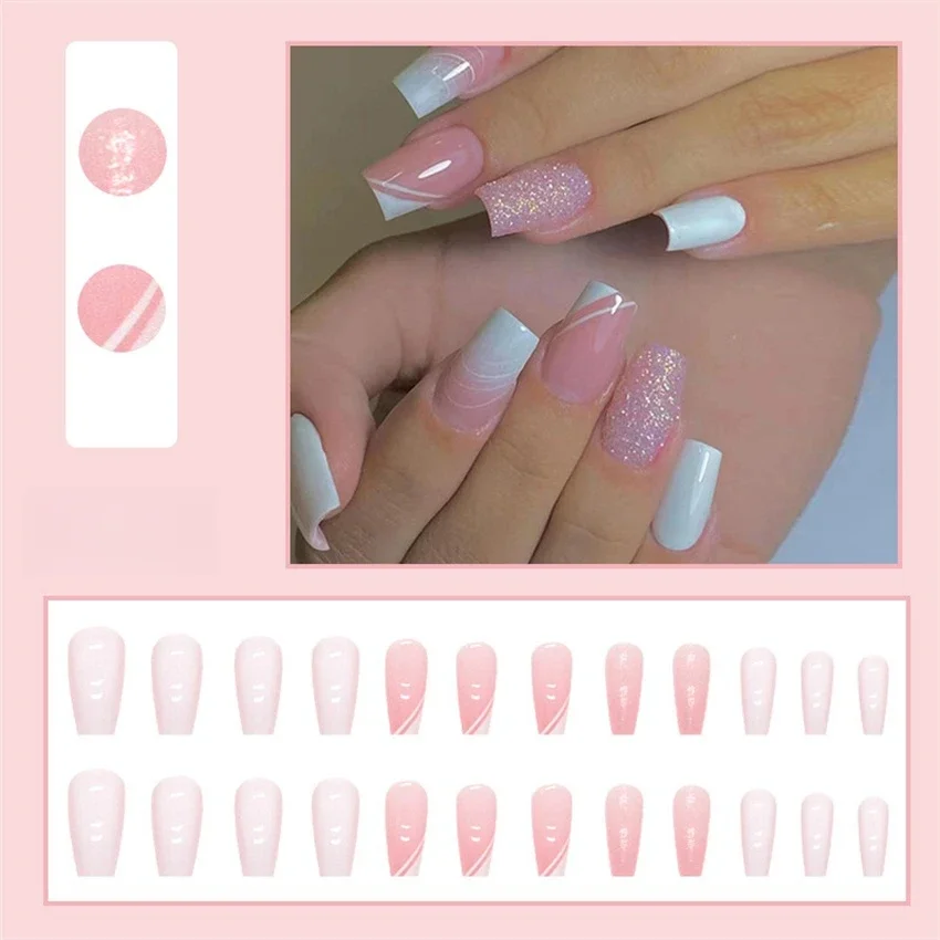 24Pcs/Set Simple Pure Desire Acrylic Press on Nail Pink Medium Long Ballet Wearing False Nails French Fashion Fake Nail Tips