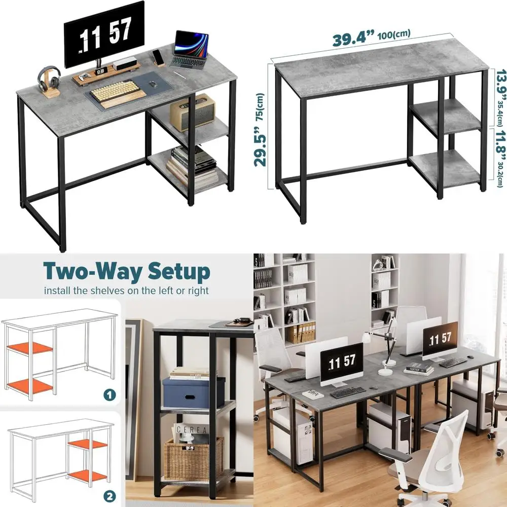 Modern Gaming and Study Desk 40 inches Grey with 2-Tier Shelves, Large Storage Space for Writing and Gaming
