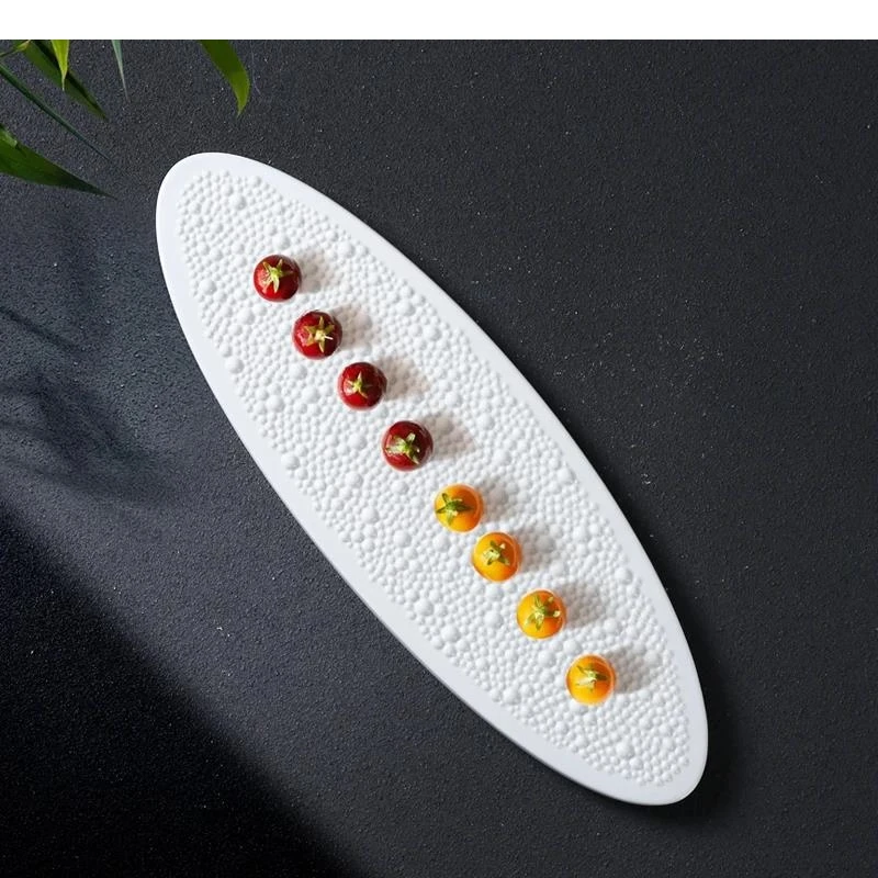 Pure White Bead Dot Texture Ceramic Sushi Plate Oval Dessert Snack Dim Sum Dish Molecular Cuisine Tableware