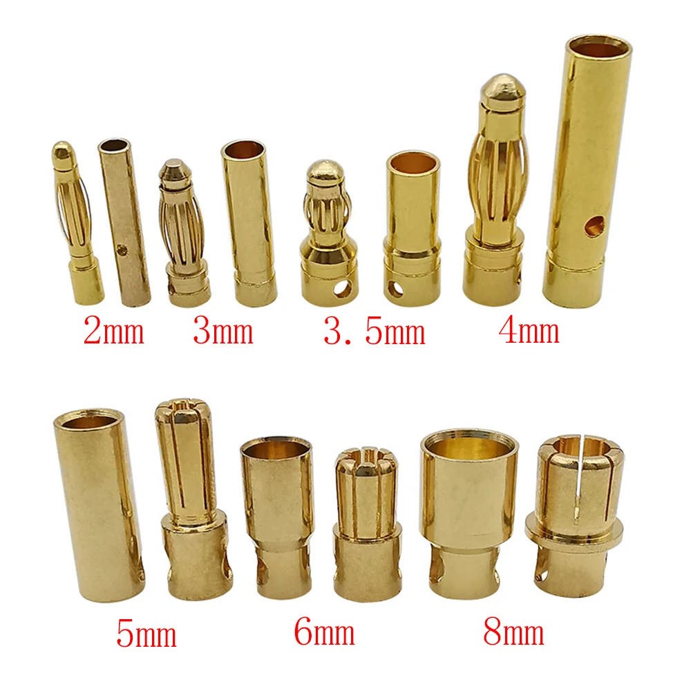 5Pairs Gold Plated Brass 2mm 3mm 3.5mm 4mm 5mm 6mm 8mm Banana Connector Plug Bullet Male Female ESC Lipo RC Battery Plugs