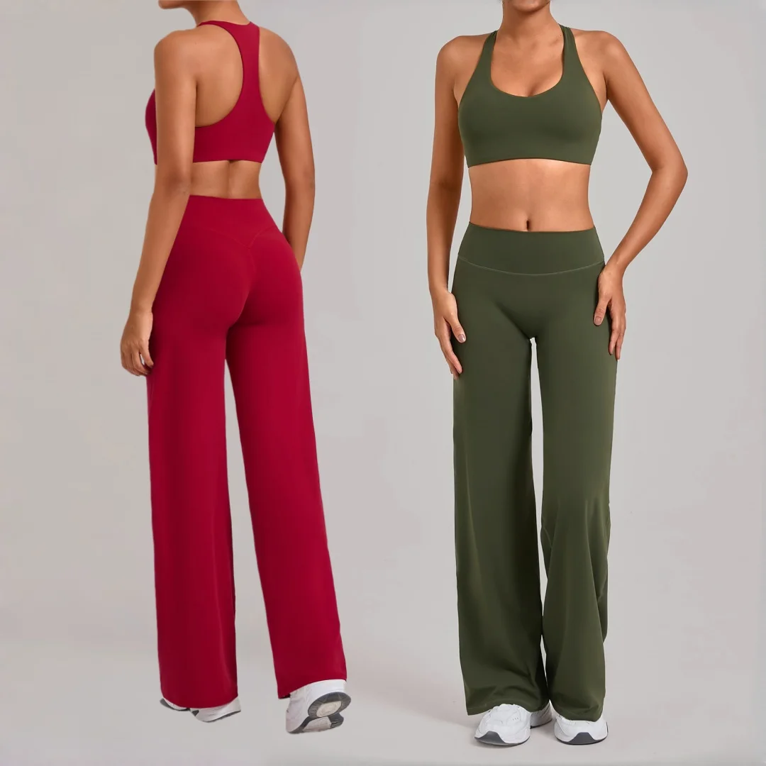 

Женские комплекты для йоги: облегающий спортивный топ без спинки, устойчивый к ударам, и свободные брюки с эффектом подтяжки бедер. Фитнес-костюмы для бега на улице, тренировок и занятий в спортзале.