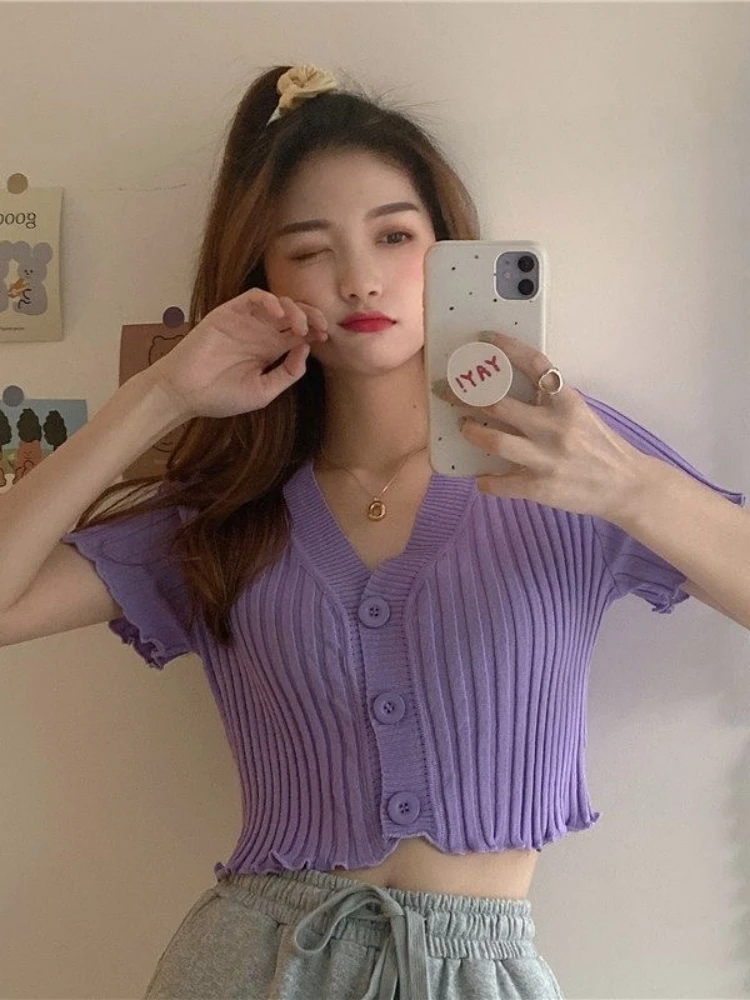 Sweet White Short Sleeve T-Shirt Women's Sexy V-Neck Belly Baring Top Gathered Hemline Casual Comfortable Polyester Summer Top