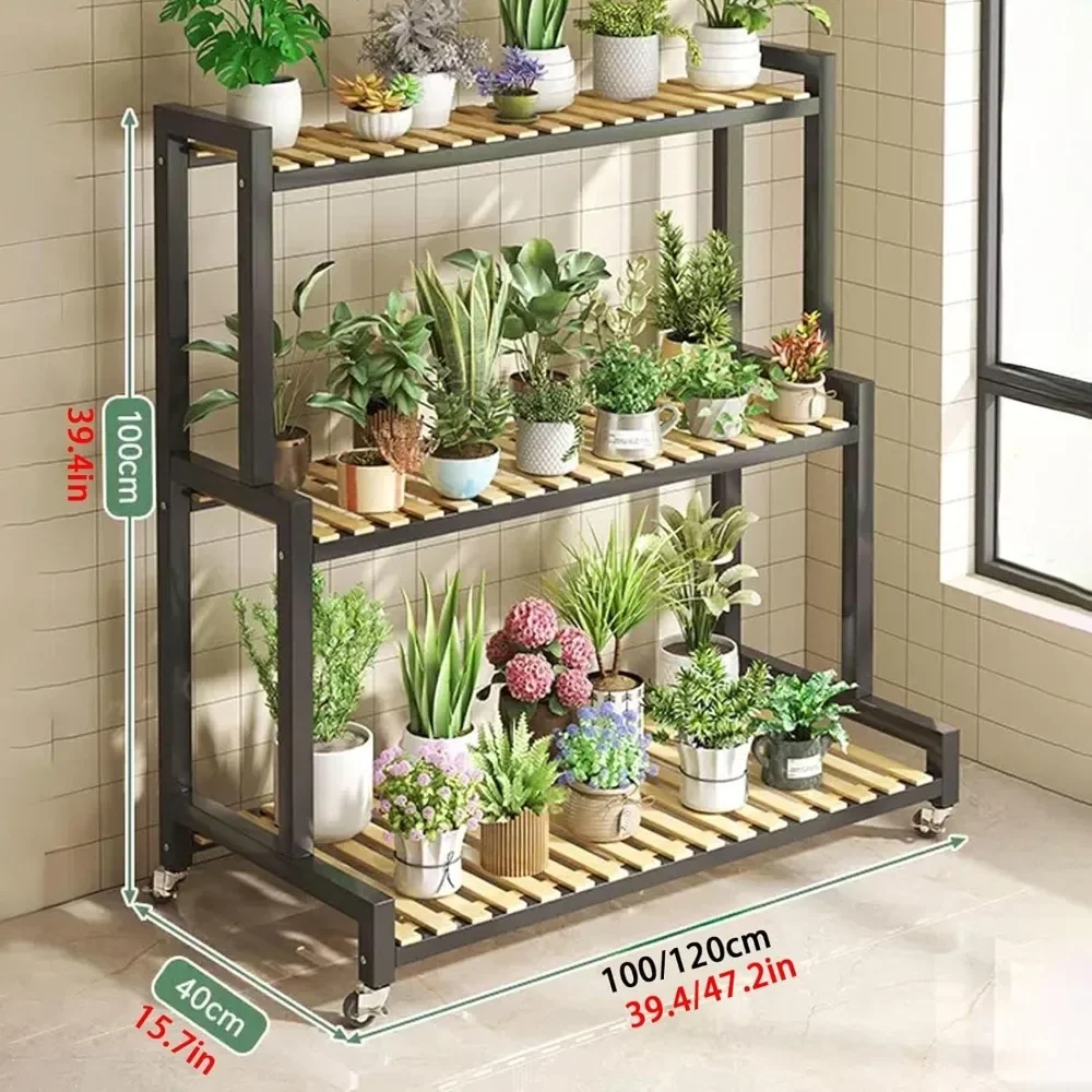 2/3/4 Tier Adjustable Plant Shelf, Bamboo Tiered Plant Holder With Wheel, Stair Style Large Metal Flower Display Stand