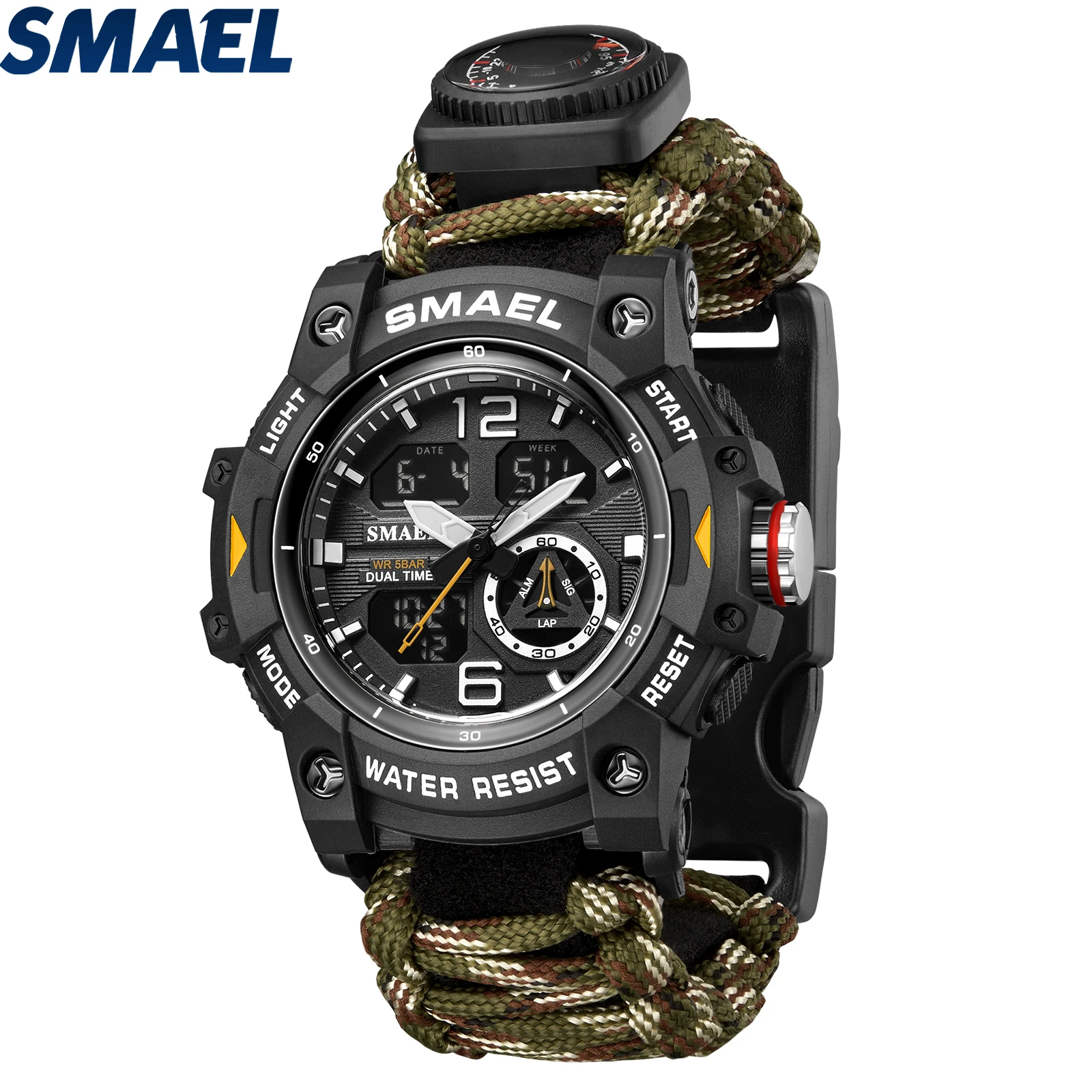 SMAEL Watches Sports Men\'s Wristwatches 50M Waterproof  Dual Time Sport Watch 8007N Digital LED Watches  Men Army Green Watches