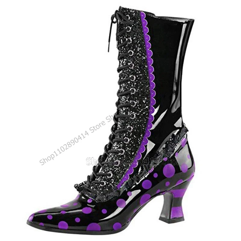 

Patent Leather Strange Style Heels Pointy Toe Boots Cross Tied Women Shoes Novel Mid Calf Fashion Sexy 2023 Zapatos Para Mujere