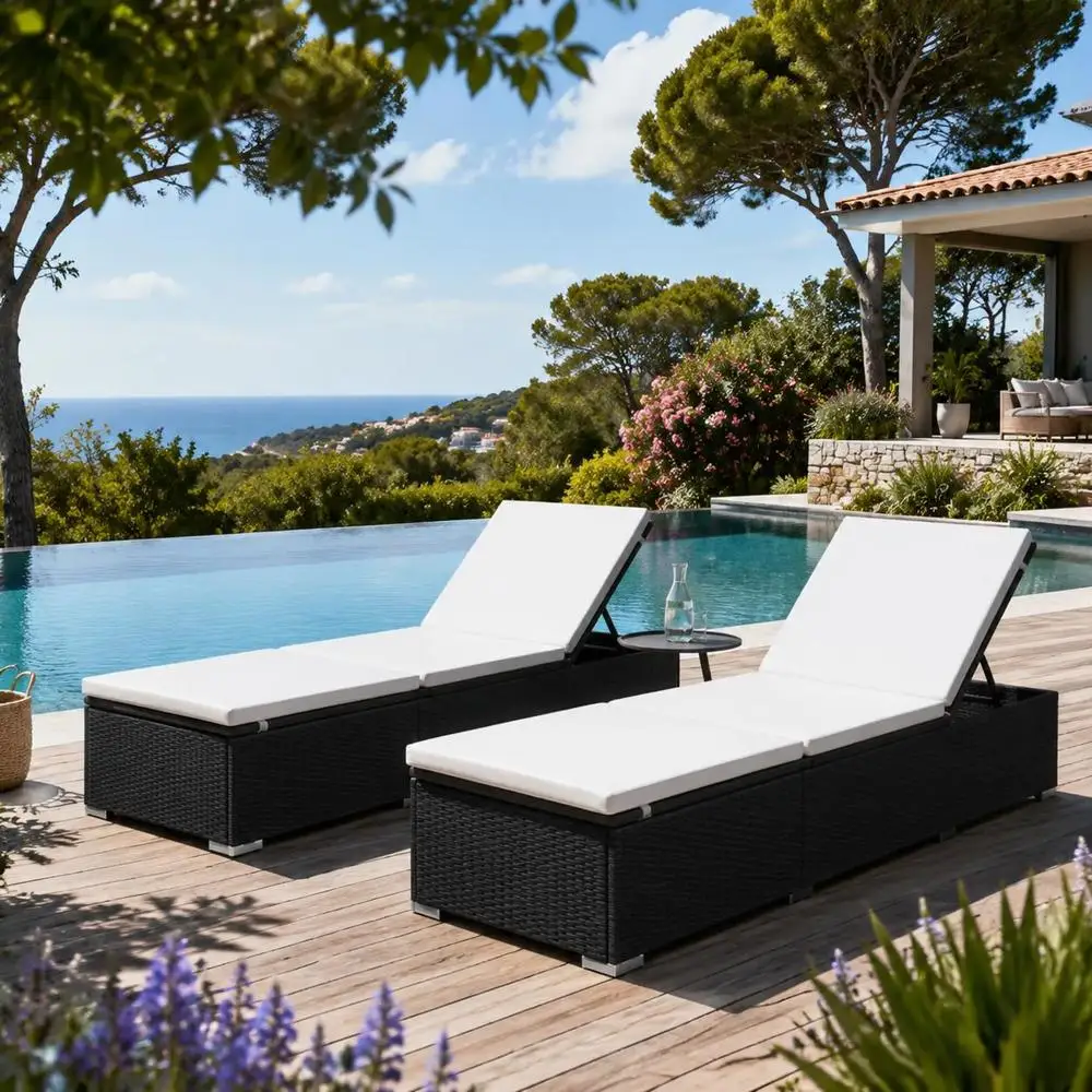 2 chaises longues en osier avec coussins, structure en acier thermolaqué, chaise longue d'extérieur inclinable réglable pour patio, jardin, bord de piscine