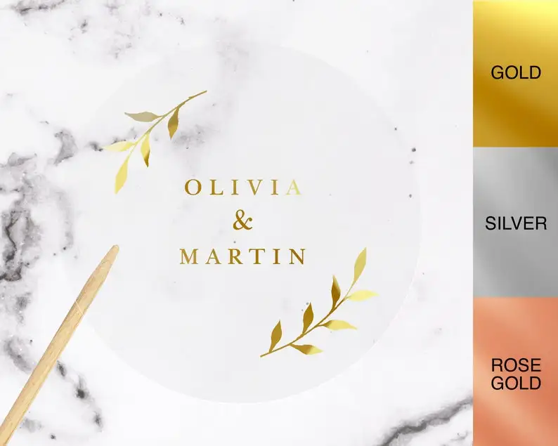 100 Stks/partij Custom Gold Folie Stickers Bruiloft Gunst Stickers Goudfolie Custom Stickers Custom Goud Verijdeld Clear Stickers