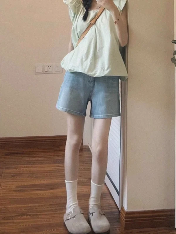 

American Retro Light Wash High Waist Loose A-Line Wide Leg Hot Shorts Women's Jeans Summer New Style High Street Fashion