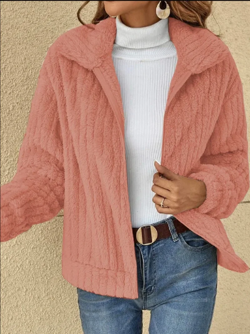 2023 Autumn Winter Cardigan Lapel Short Jackets Women's Fleece Bright Warm Fuzzy Long Sleeves Solid Coats With Pockets