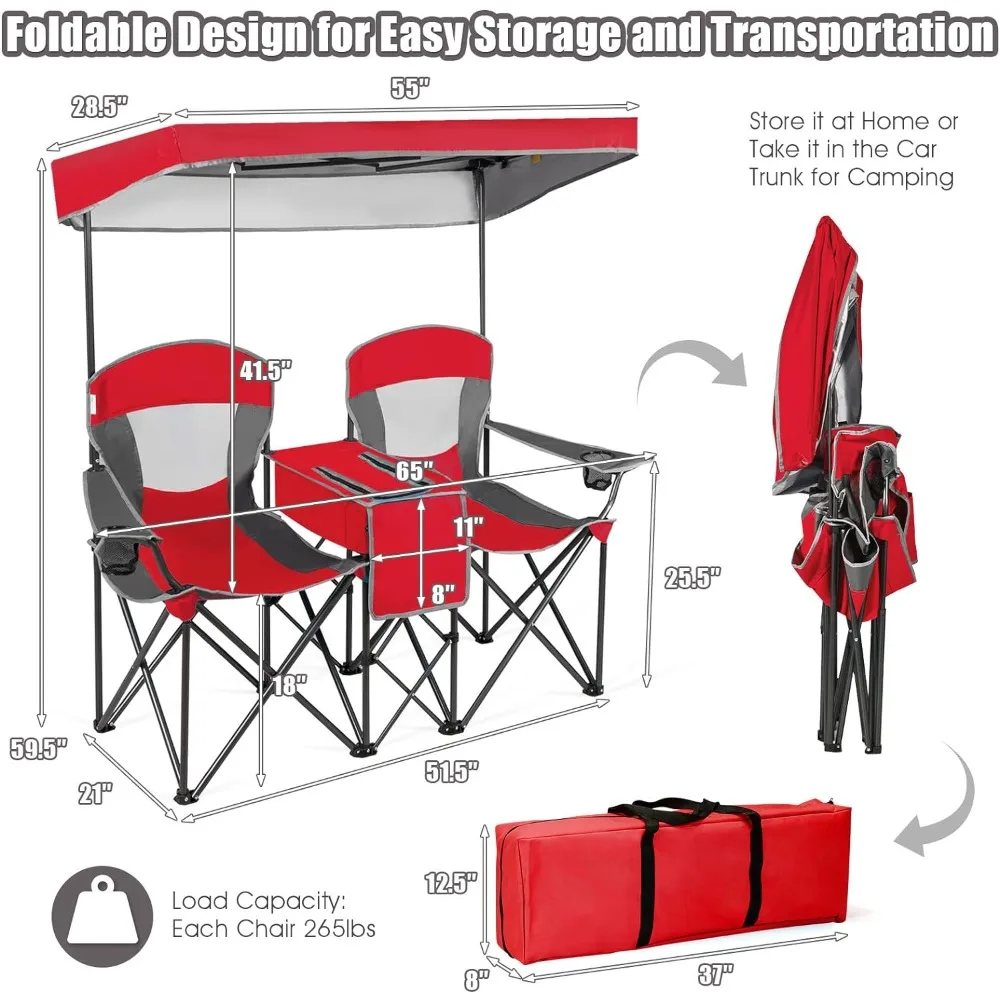 2-Person Folding Chair with Mini Table Beverage Cup Holder Carrying Bag Portable Folding Chair Red Camping Chair