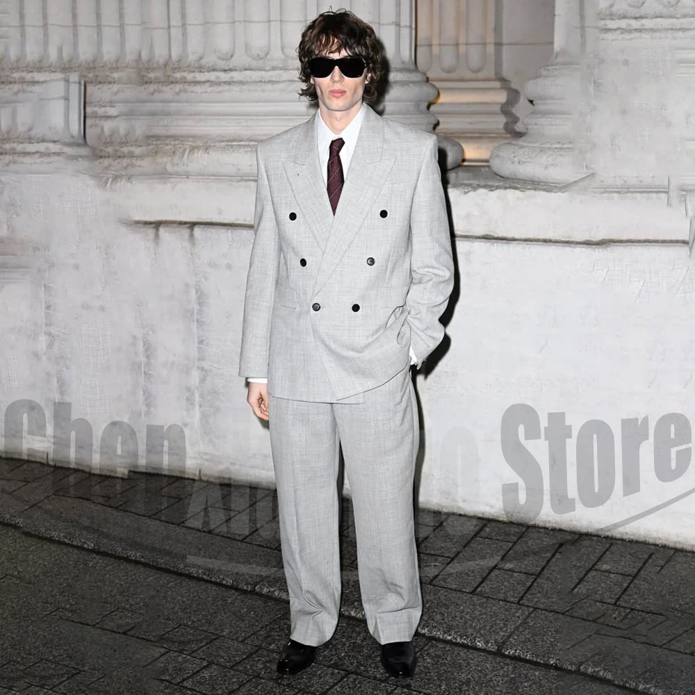 Men Double Breasted 2 Piece Suit Wedding Business Party Tuxedo Street Style Peak Lapel Oversized Blazer Wide Leg Trousers Set