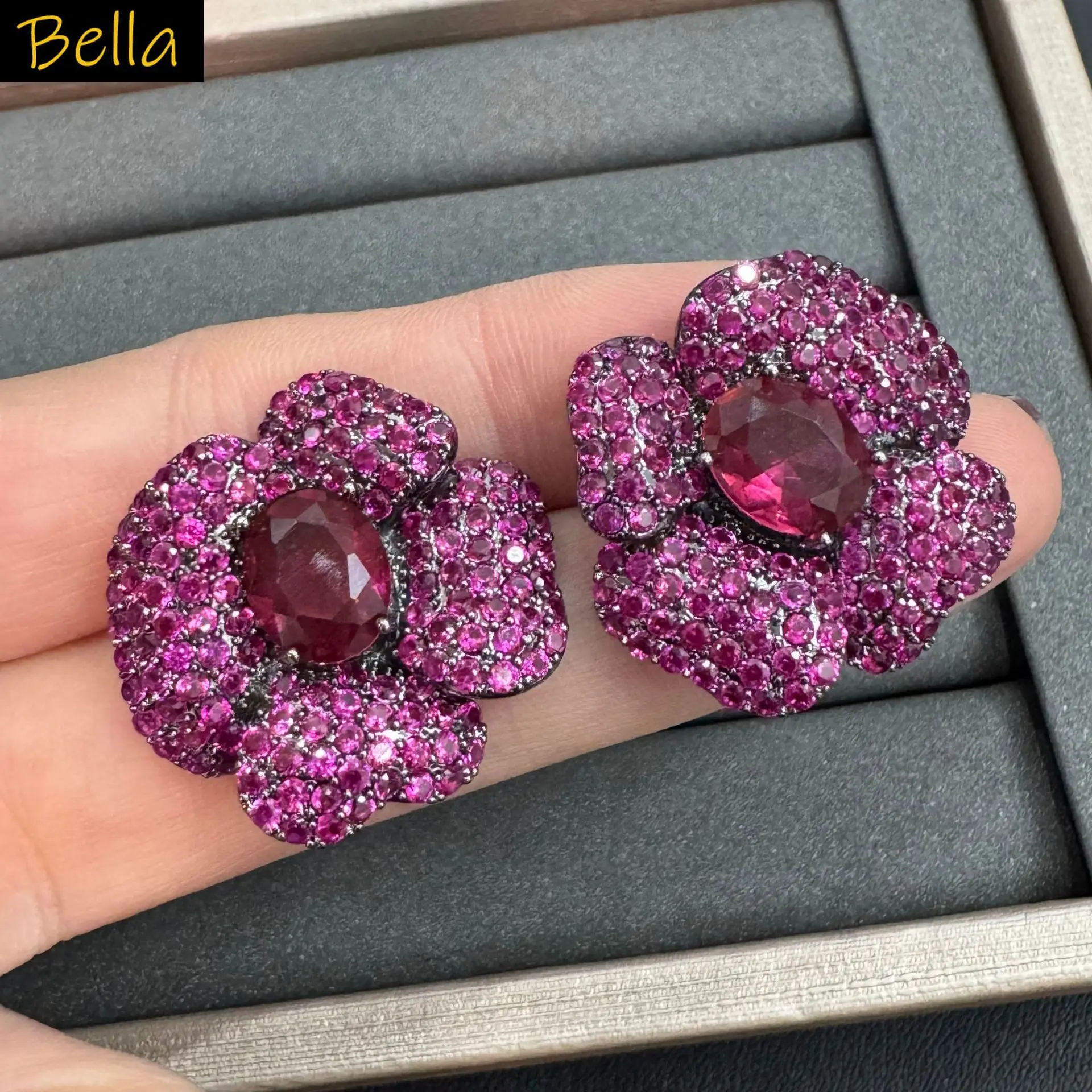 

zircon stud earrings for women shiny jewelry green blue fushia yellow flower petals earrings women gala event party gift female