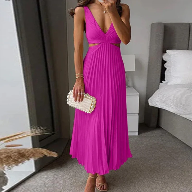 Casual Multi-color Sleeveless Party Dress Elegant High Waist Long Dress for Women Summer Sexy Deep V Hollow Pleated Beach Dress