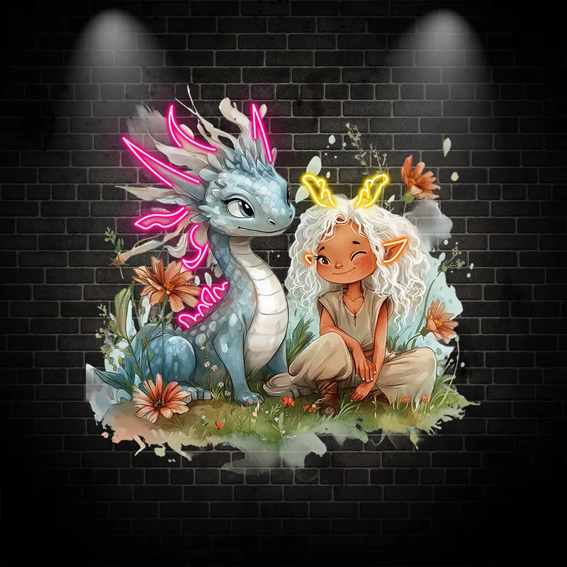 Fairy Girl and Dragon Neon Light - Adorable Fantasy LED Night Lamp for Kids Room Decoration, Whimsical Fairy Tale Design