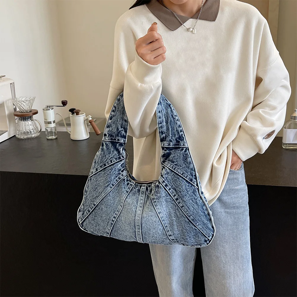 

Women Denim Handbag with Zipper Jean Purse With Pocket Underarm Purse Clutch Bag for Work Travel Shopping