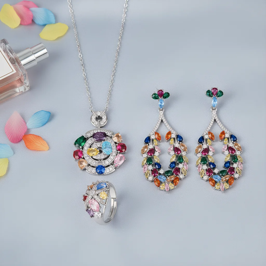 

4pcs Elegant Vintage Jewelry Set for Women Colored Zirconium Necklace Shiny Crystal Choker Bridal Wedding Earrings Party