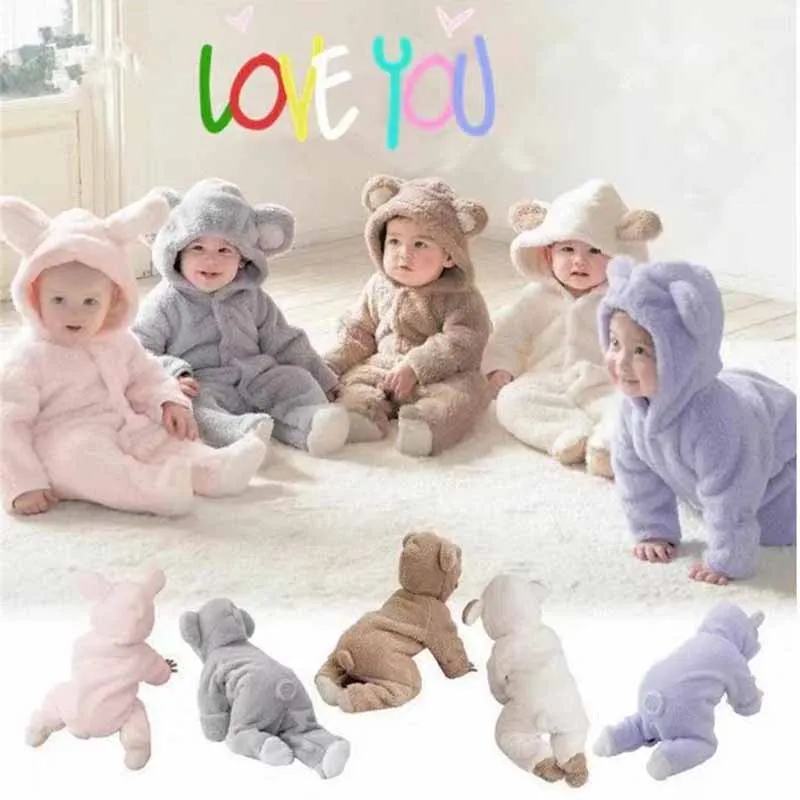 

Baby Coral Fleece Hooded Creeper Newborn Baby Long-Sleeved Cute Warm Jumpsuits Autumn Winter Boys Girls Fashion Casual Onesie