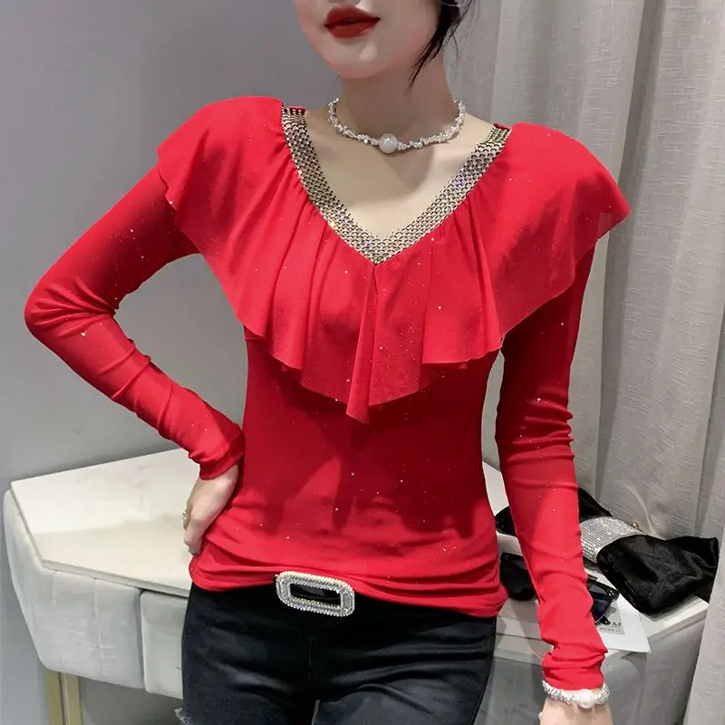 Spring Autumn Women Sexy See Through Mesh V Neck Ruffle Sequins T Shirt Elegant Fashion Slim Tees Ladies Solid Long Sleeve Tops