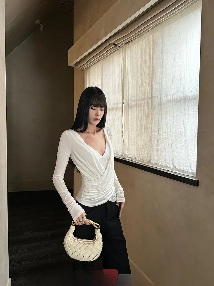 

Venuii White Cross V-neck Long Sleeve Women's Knitted Top with Mesh Underwear Two-piece Set Slim Fit Casual Style for All Sea...