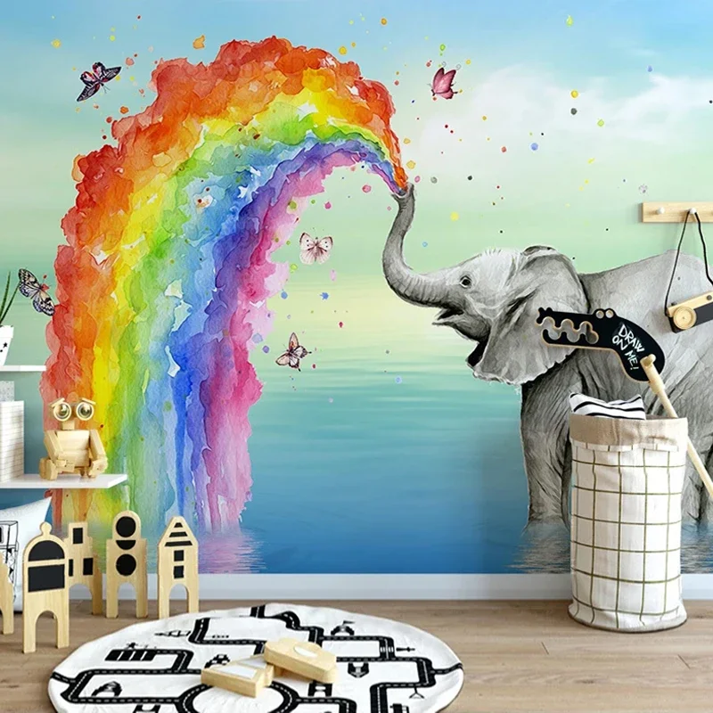 

Custom Mural Wallpaper Animal Hand Painted Cartoon Rainbow Elephant Wall Painting Children Room Kindergarten Bedroom Decoration