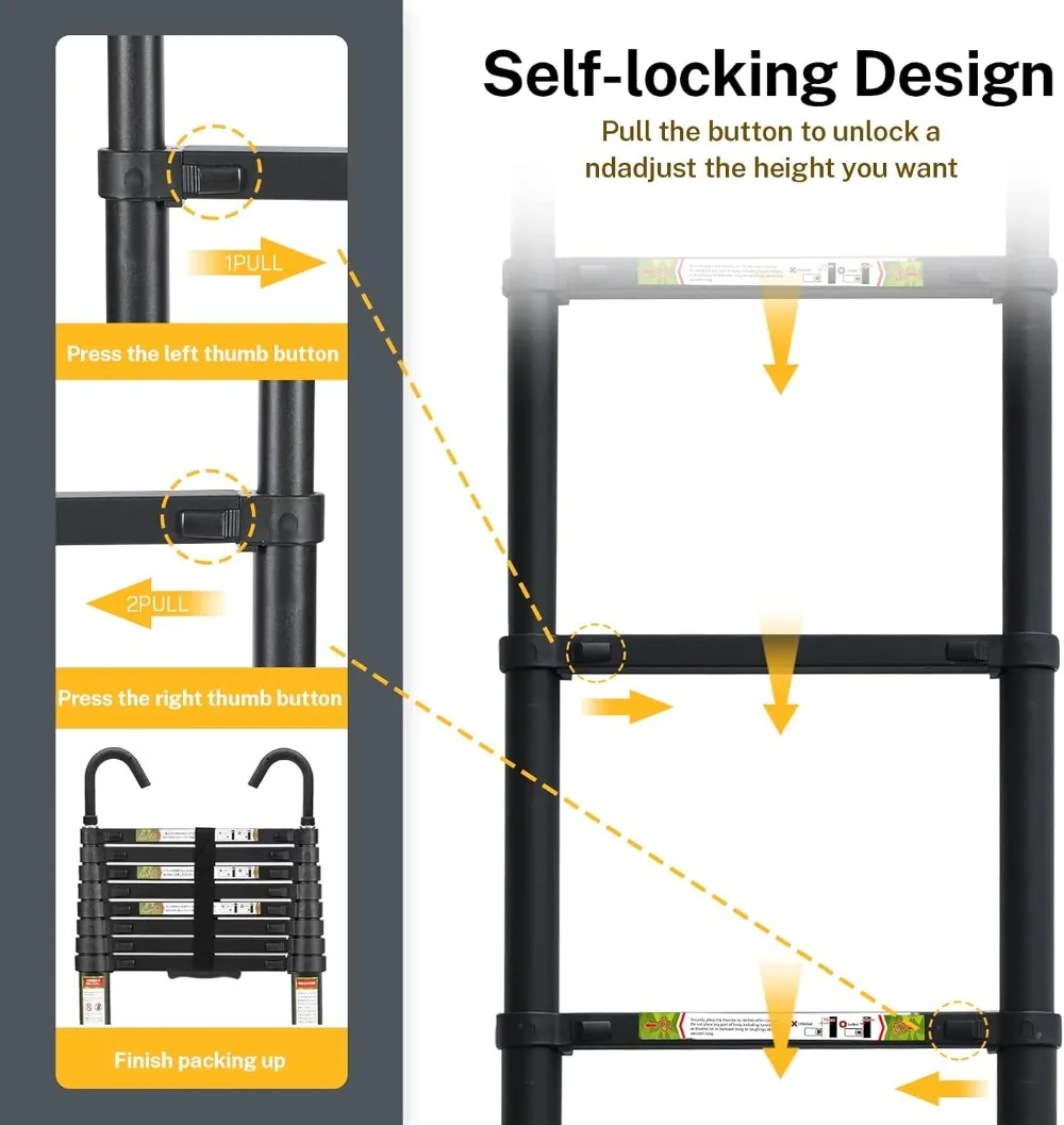 RIKADE-Échelle télescopique en aluminium de 8,5 pieds, avec pieds coordonnants et crochet stable, échelle d'extension portable pour