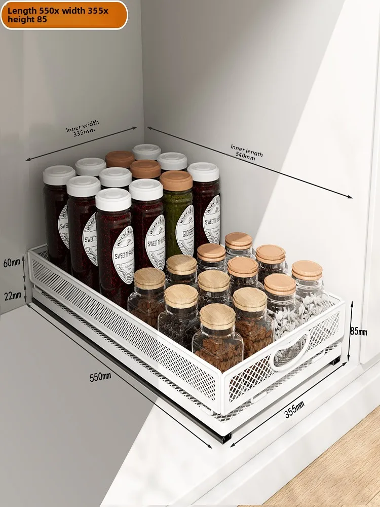 

Deep Long 55cm Kitchen Sink Storage Rack Pull out Cabinet Messy Storage Slide Track Metal Material Spice Organizer