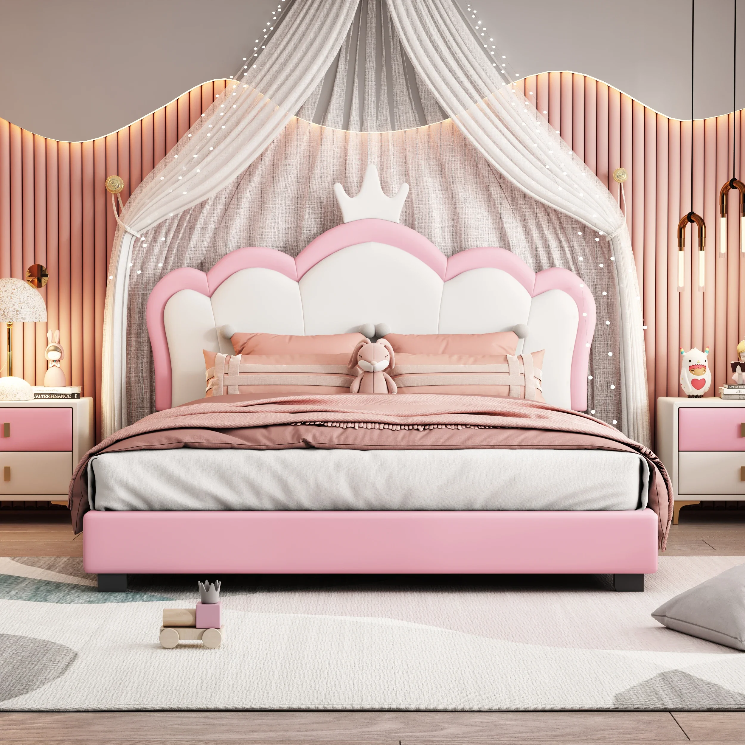 Full/Twin Size Upholstered Princess Bed With Crown Headboard&Footboard PU Platform Bed Frame White+Pink