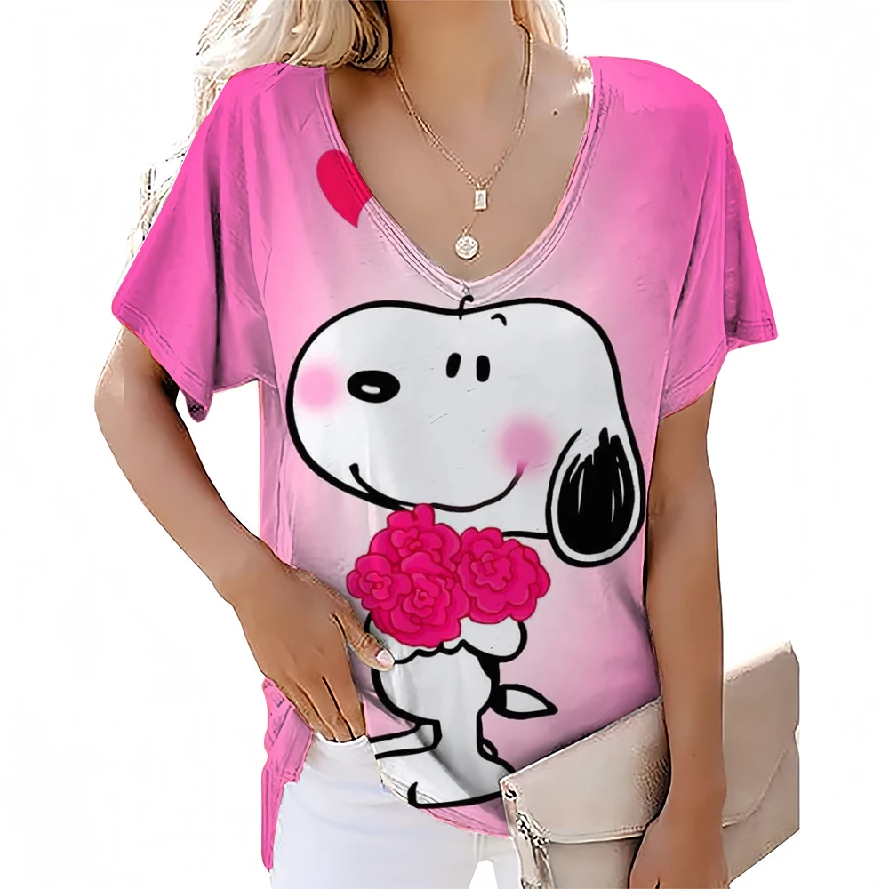 Retro Women's T-shirt Summer V-neck Short sleeved T-shirt Leisure Harajuku Hello Kitty Printed Women's Street Clothing Pullover