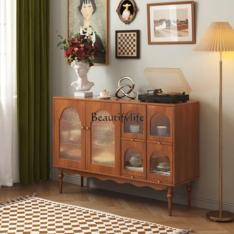 

02Retro solid wood dining side cabinet, Nordic home living room medieval storage glass storage cabinet